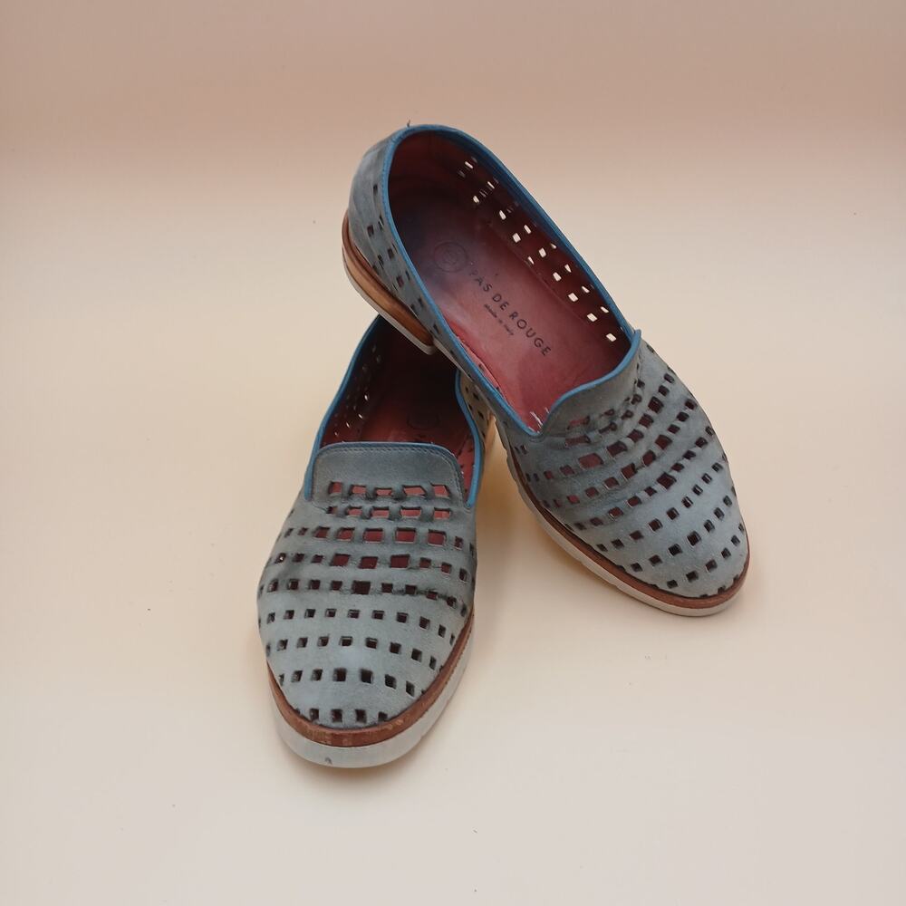 Navy Blue Suede PAS DE ROUGE Loafer Square Cut Outs 7.5 Eu 38